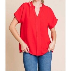 Adrianna Papell Blouse Top V-Neck‎ Short Sleeve Button Up Orange Red Women Large